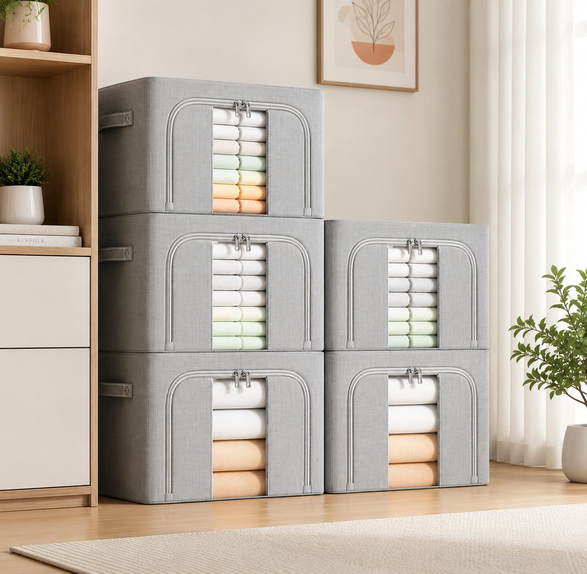 Large gray foldable storage box for clothes and household essentials.