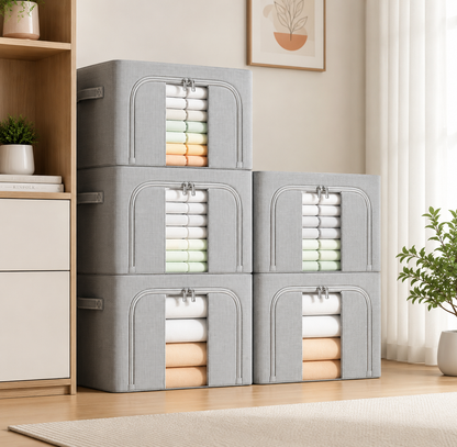 Large gray foldable storage box for clothes and household essentials.