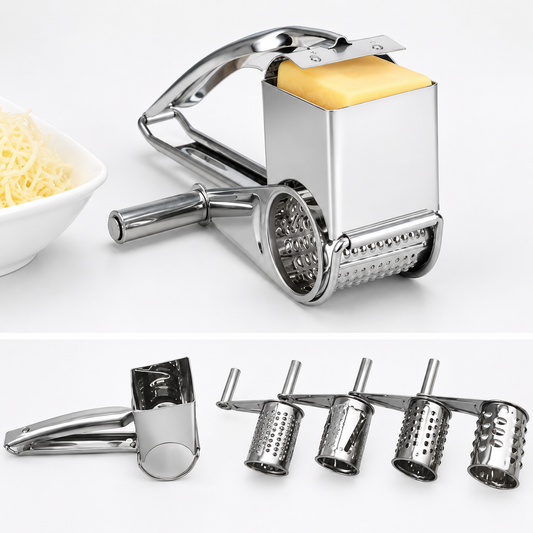 Portable rotary cheese grater with stainless steel grating drum and suction base.