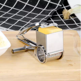Rotary cheese grater with hand crank for preparing fresh cheese toppings
