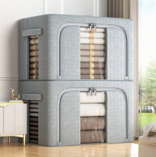 Space-saving foldable clothes storage box for bedroom and closet organization.