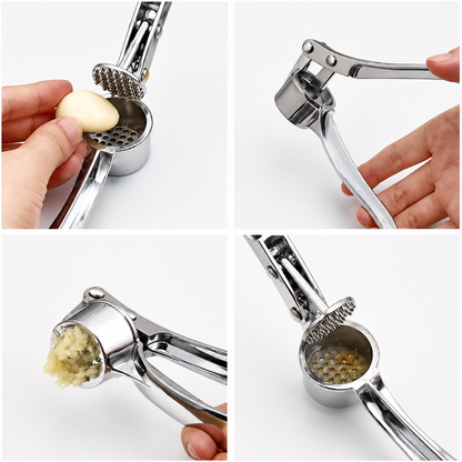 Stainless steel garlic press for crushing fresh garlic in the kitchen.