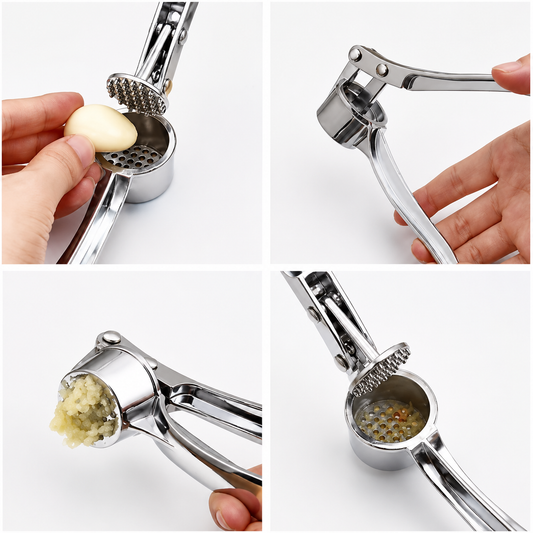 Stainless steel garlic press for crushing fresh garlic in the kitchen.
